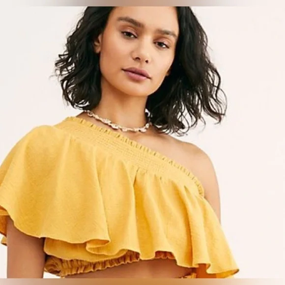 NWOT Free People Yellow Go For Drama Ruffle One Shoulder Top